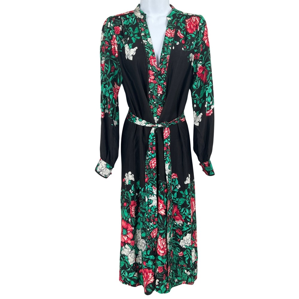 Anthropologie Floral Midi Dress Women XS Black Boho Botanical Romantic Modest
